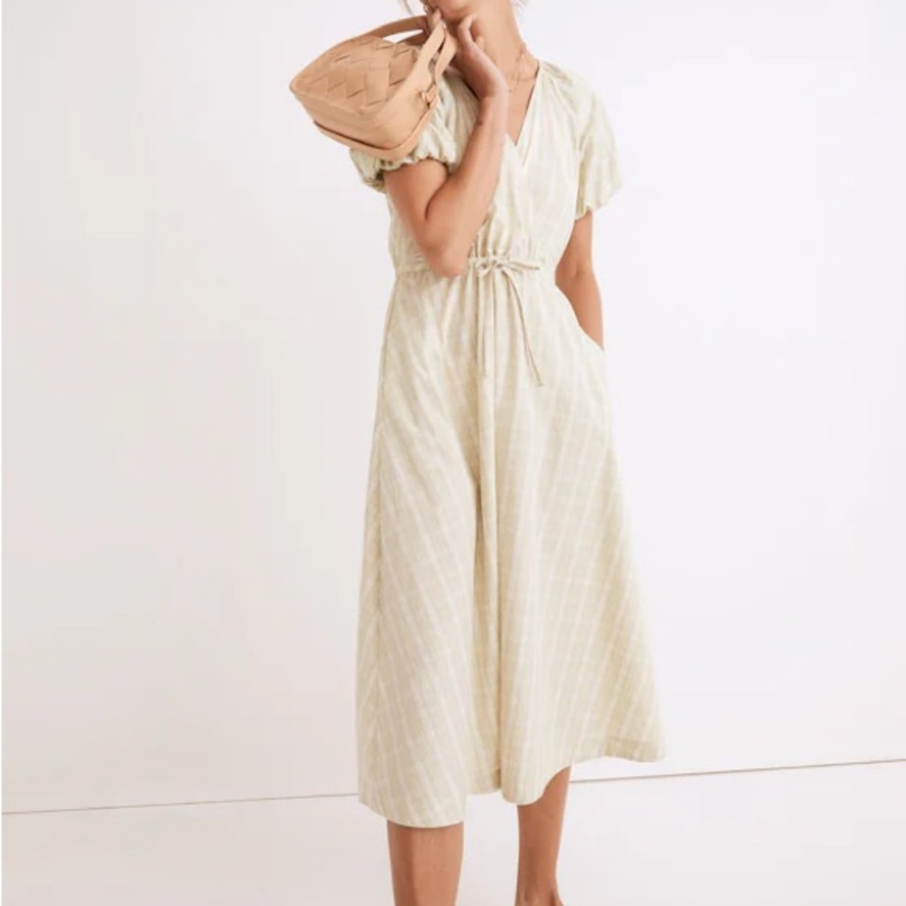 Madewell Plaid Tie-Waist Midi Dress Sz S   100% Cotton White/ Green